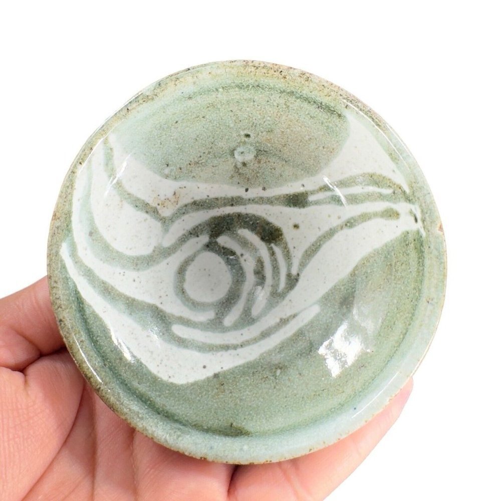 Studio‎ Art Pottery Small Miniature Dish Bowl Hand Made Green Signed Kare